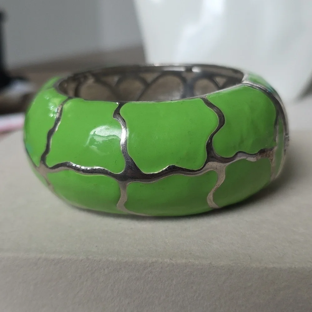 Chunky Silver Green Bangle Clamper Hinge Bracelet